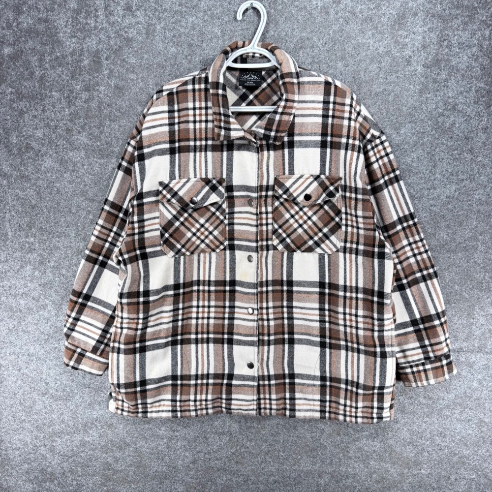 HFX XL Plaid Shacket Brown Black Cream Snap Front Overshirt Jacket Chest Pockets